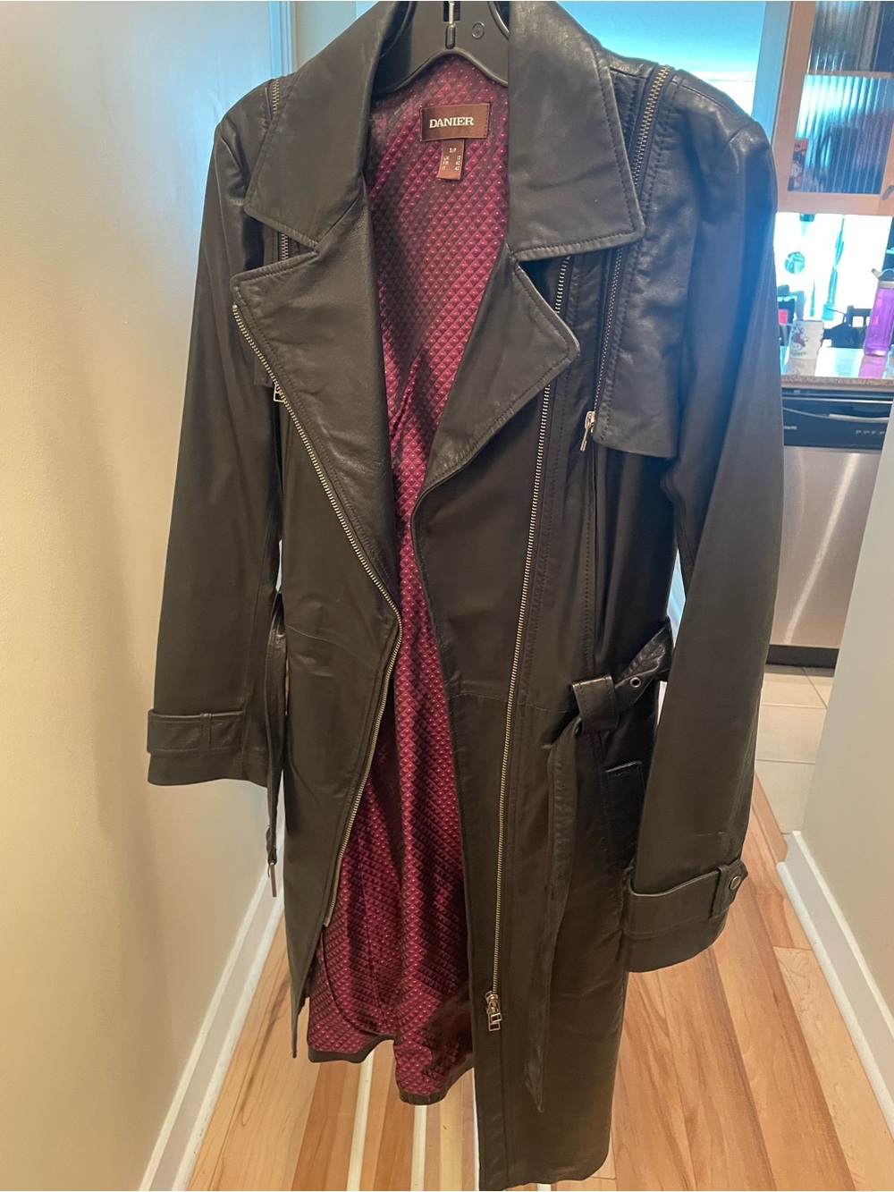 Danier Black Leather moto Trench Coat with removable sleeves.